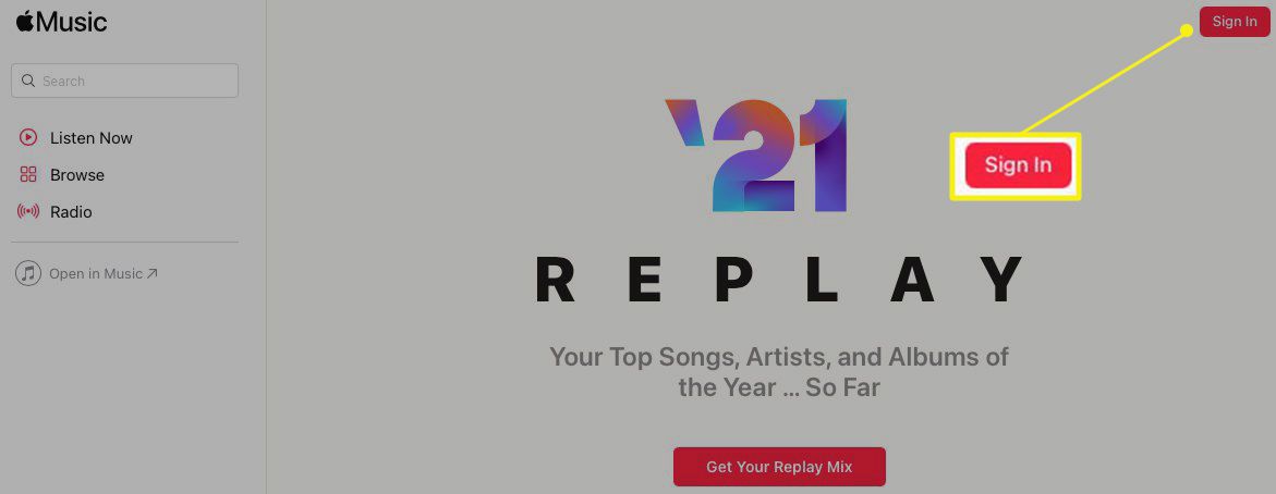 Apple Music Replay -sivusto, jossa "Kirjaudu sisään" on korostettu