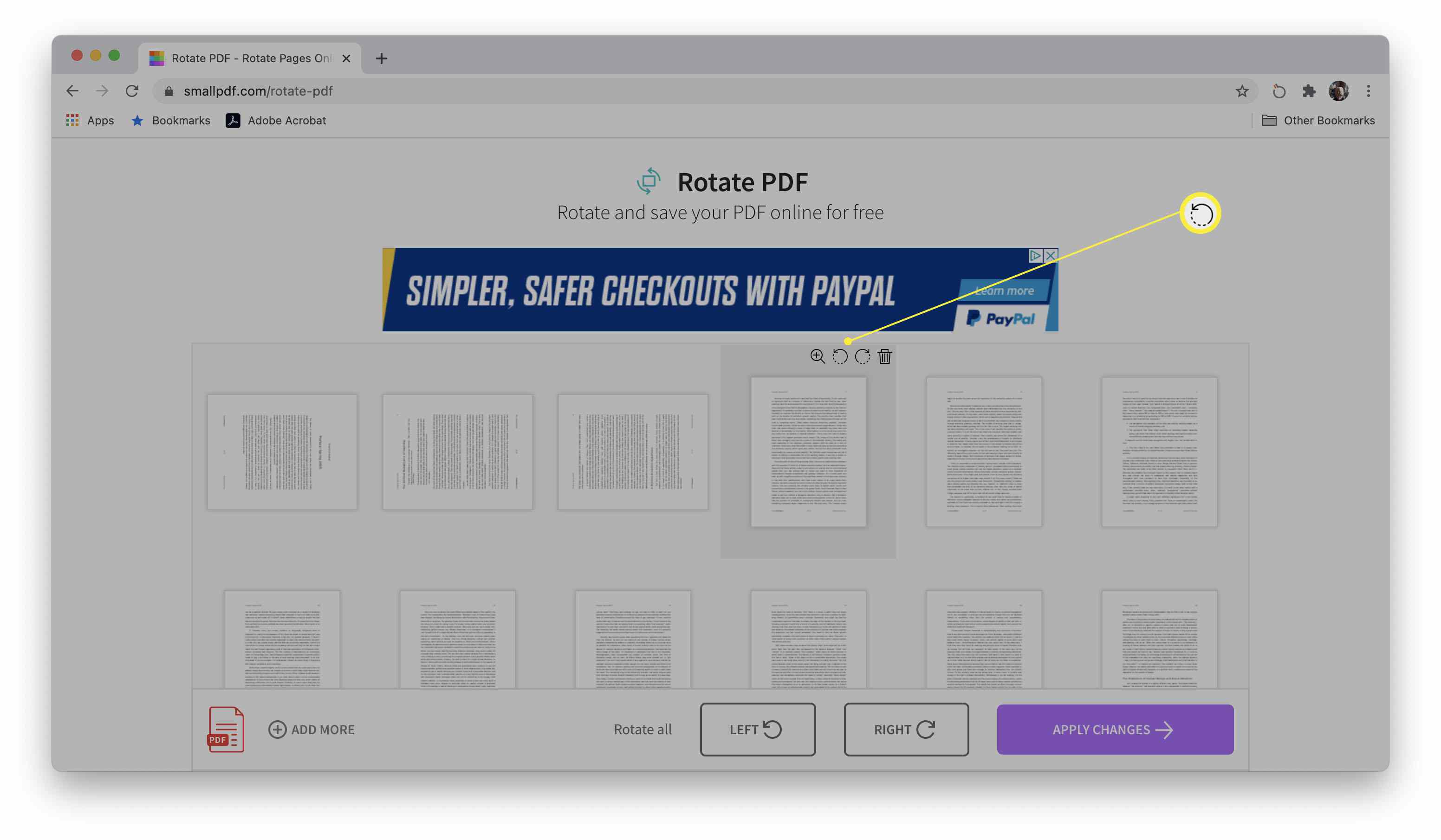 Smallpdf-sivusto, jossa on korostettuna suuntanuolet PDF-sivujen pyörittämiseksi