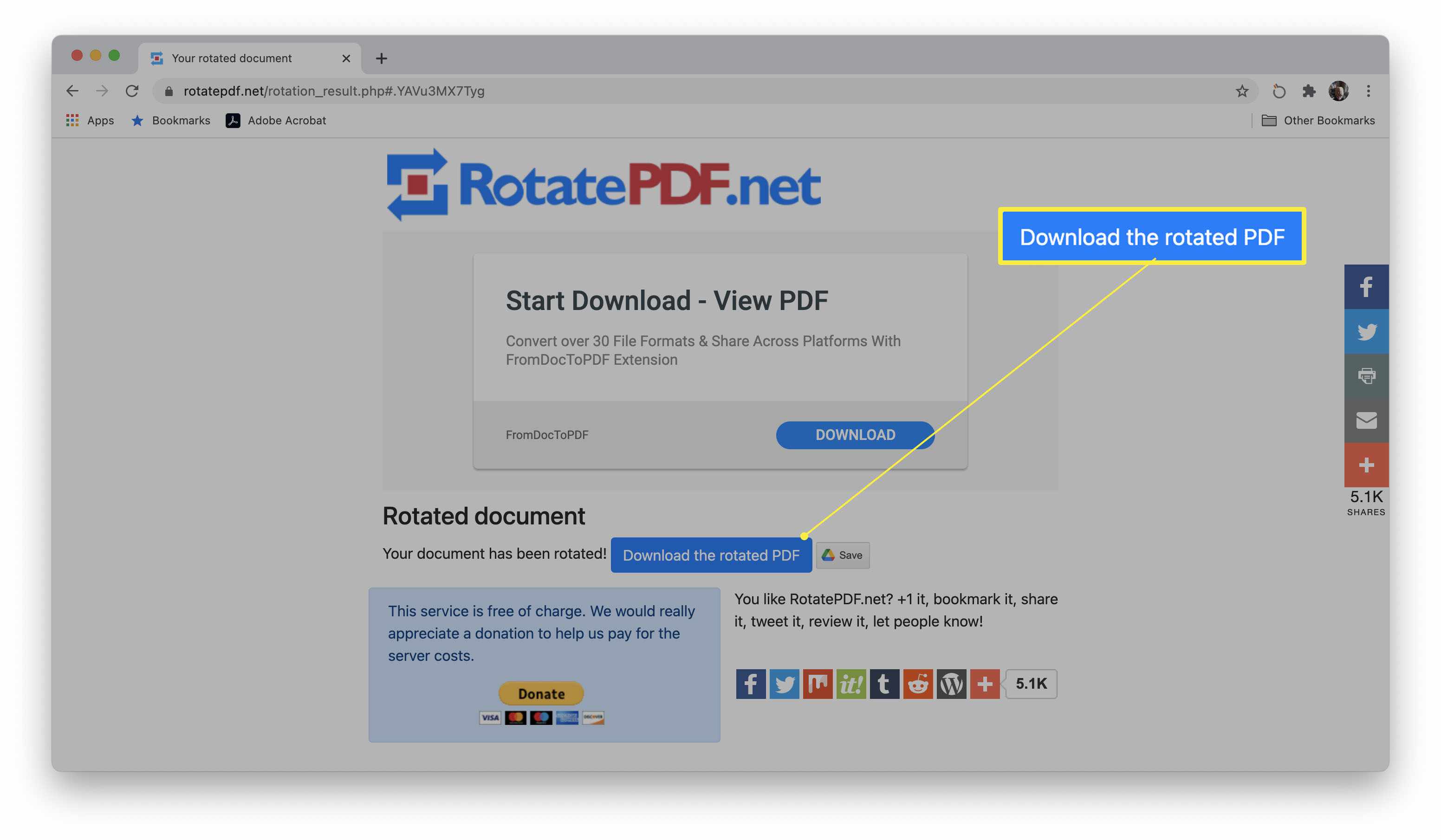 RotatePDF-verkkosivusto, jossa on korostettuna Download Rotated PDF -painike