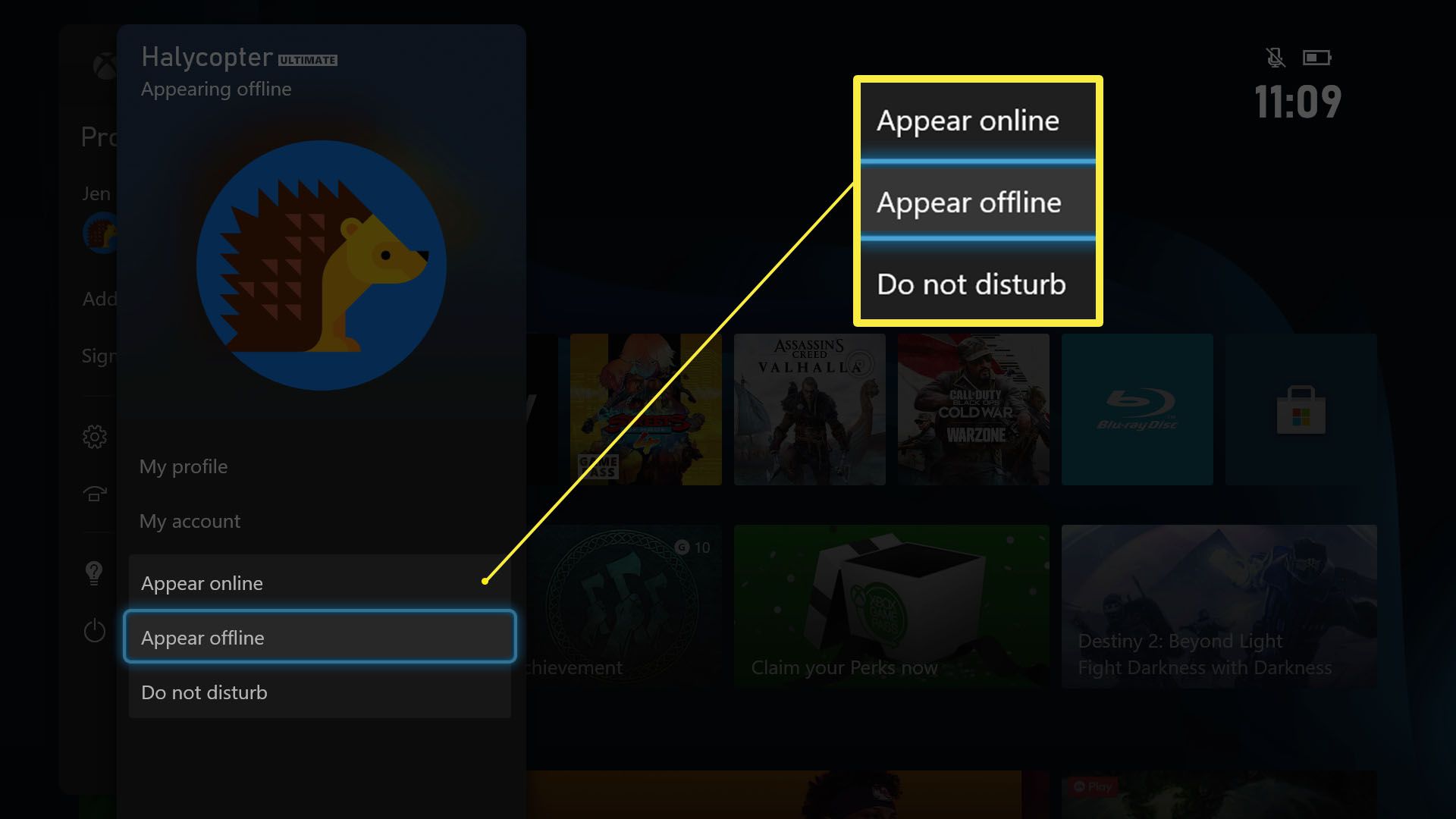 Xbox Series X/S -kojelauta, jossa Älä häiritse -vaihtoehto on korostettuna käyttäjäprofiilissa