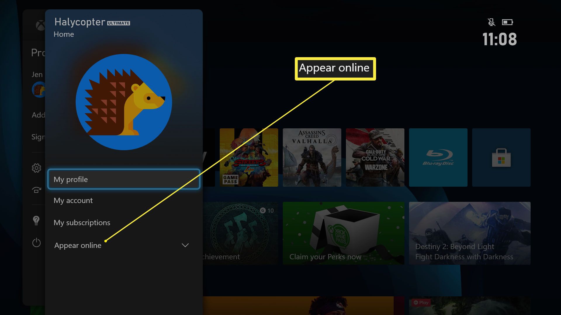 Xbox Series X/S Dashboard, jossa Appear Online korostettuna