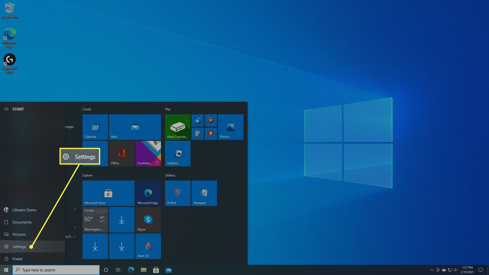 Valitse Asetukset Windows 10:n käynnistysvalikosta.