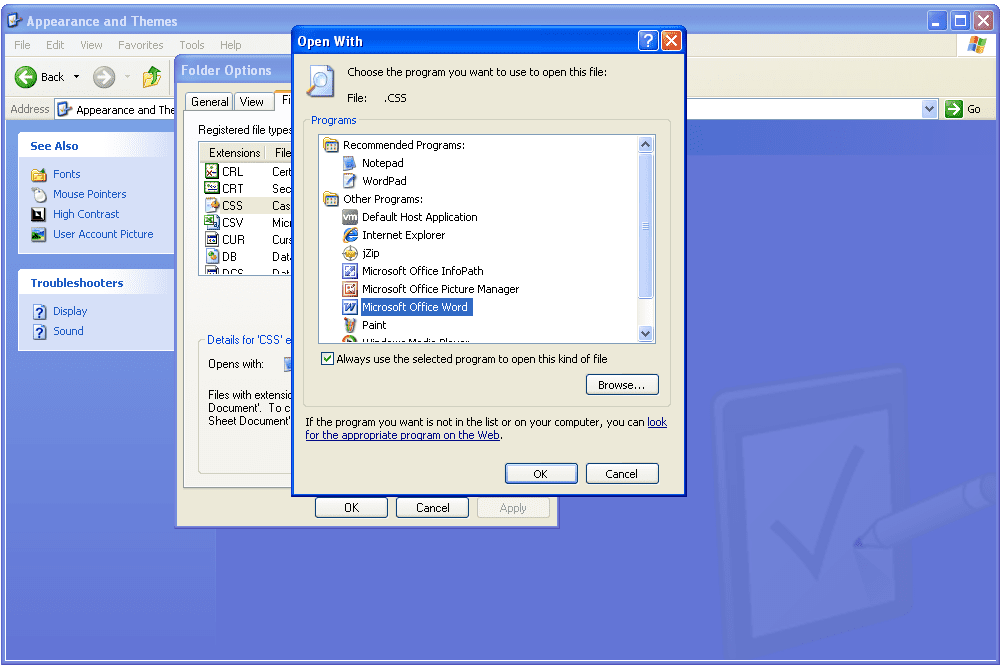 Tiedostojen yhdistämisasetukset Windows XP:ssä