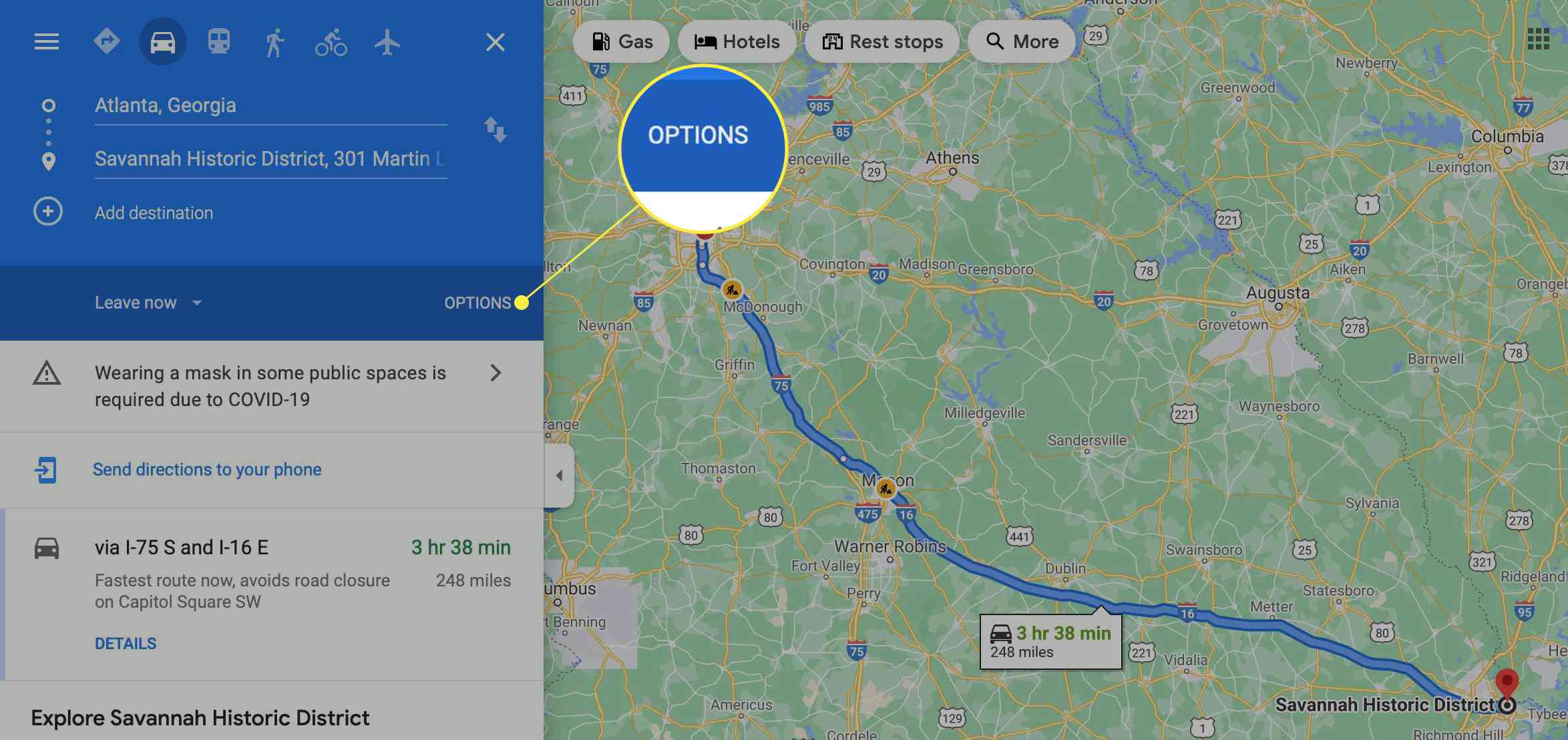 Google Mapsin kohdelaatikko, jossa Asetukset on korostettuna