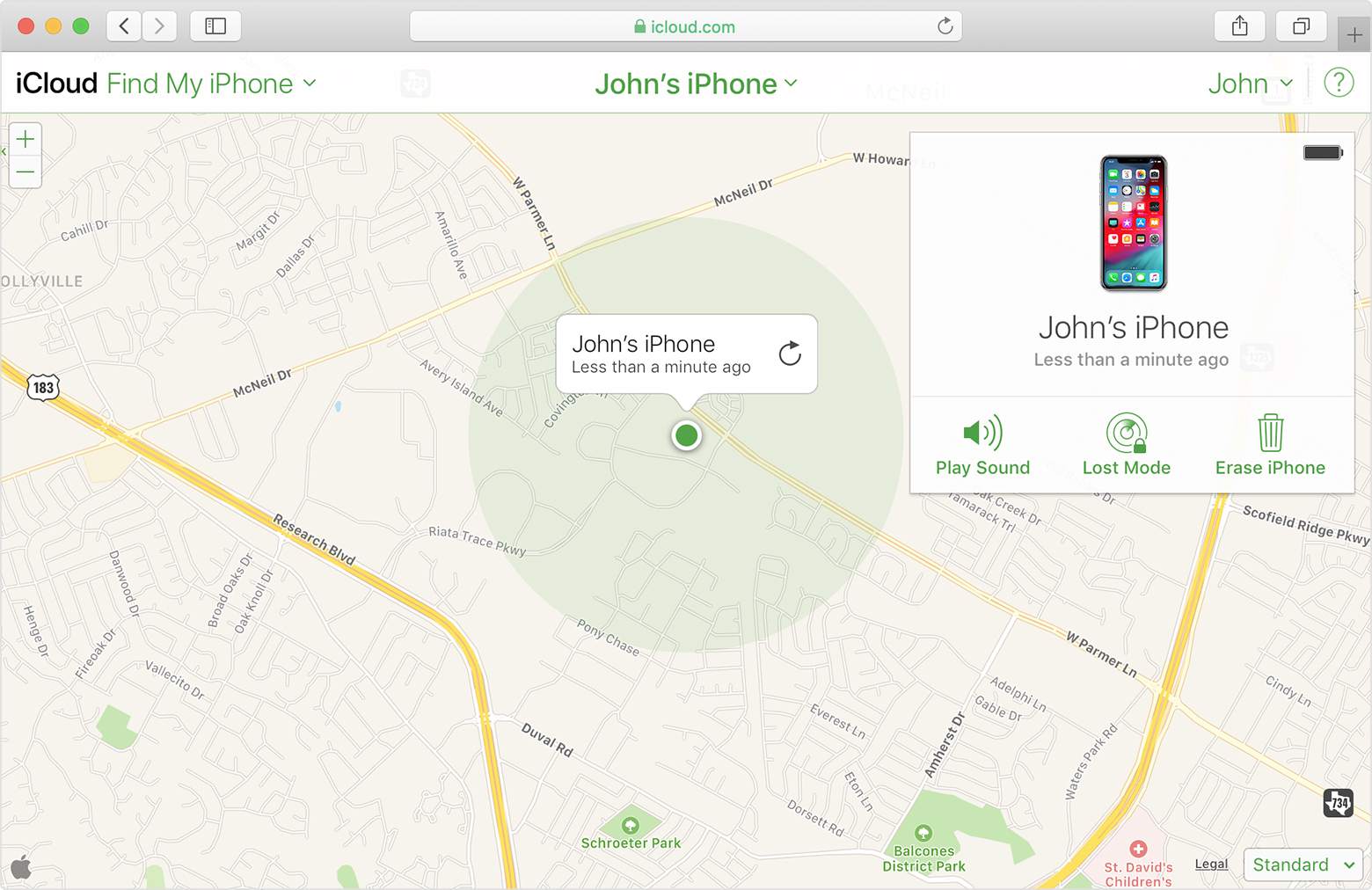 Johnin iPhone kartalla iCloudin kautta Safarissa