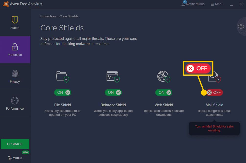 Näyttökaappaus Avast Mail Shieldistä, jonka tila on OFF.