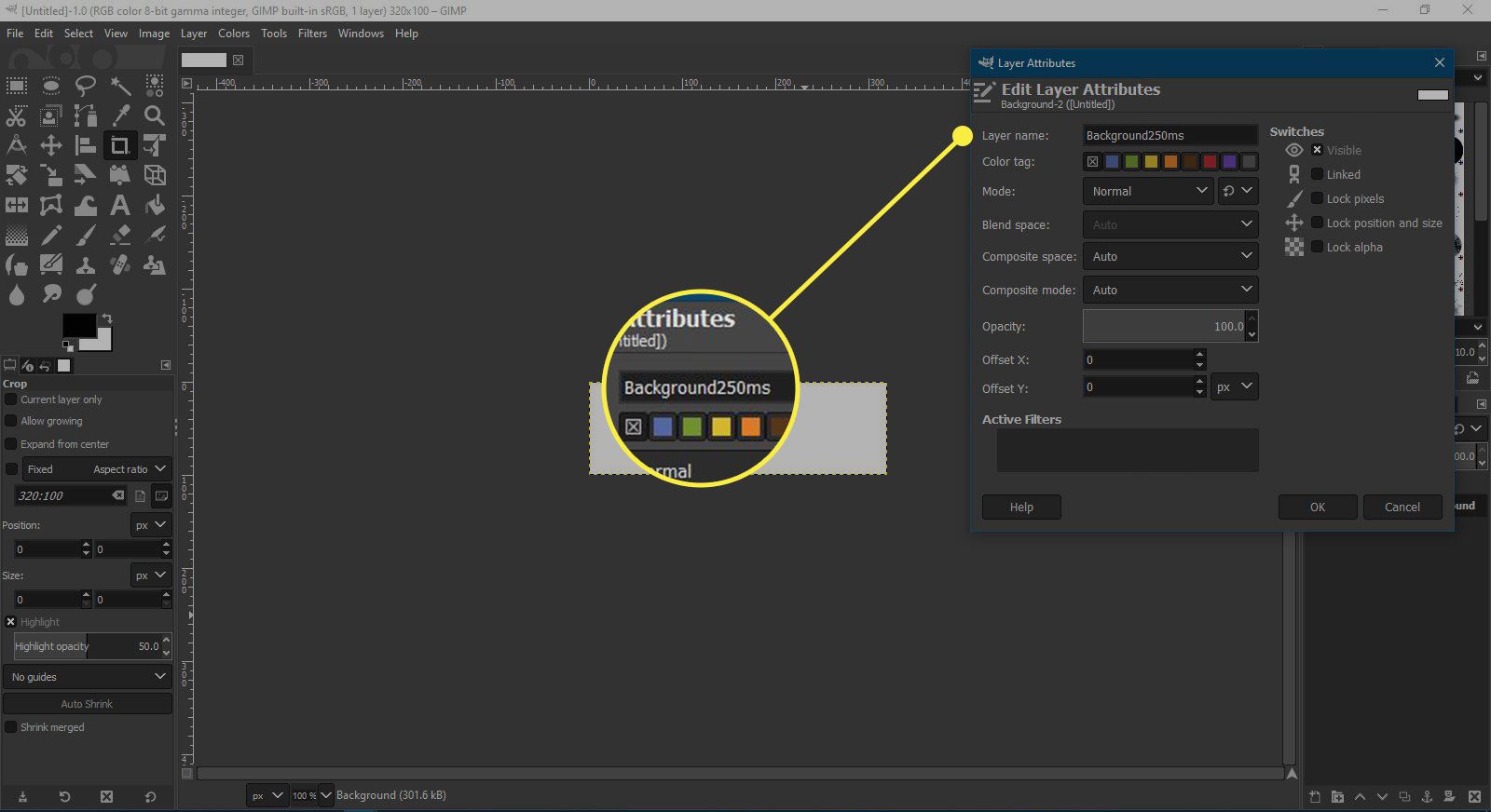 Kuvakaappaus Edit Layer Attributes -ikkunasta GIMP:ssä, jossa Tason nimi -kenttä on korostettuna