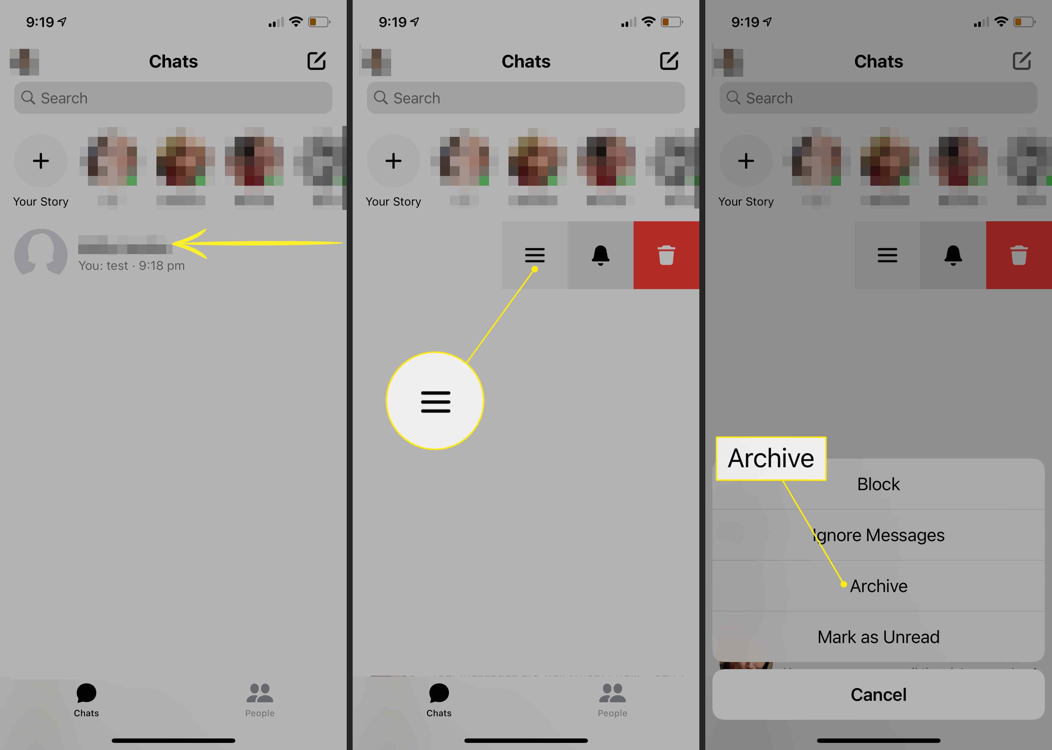 Kolmirivinen valikko ja Arkistoi-komennot iOS:n Messengerissä