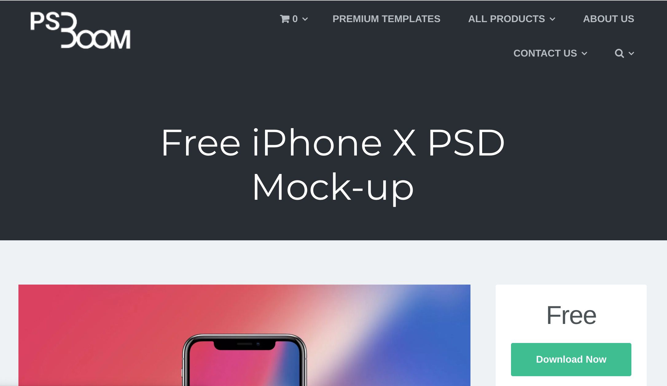 PS Boom -verkkosivusto ilmaisella iPhone X PSD-mallilla