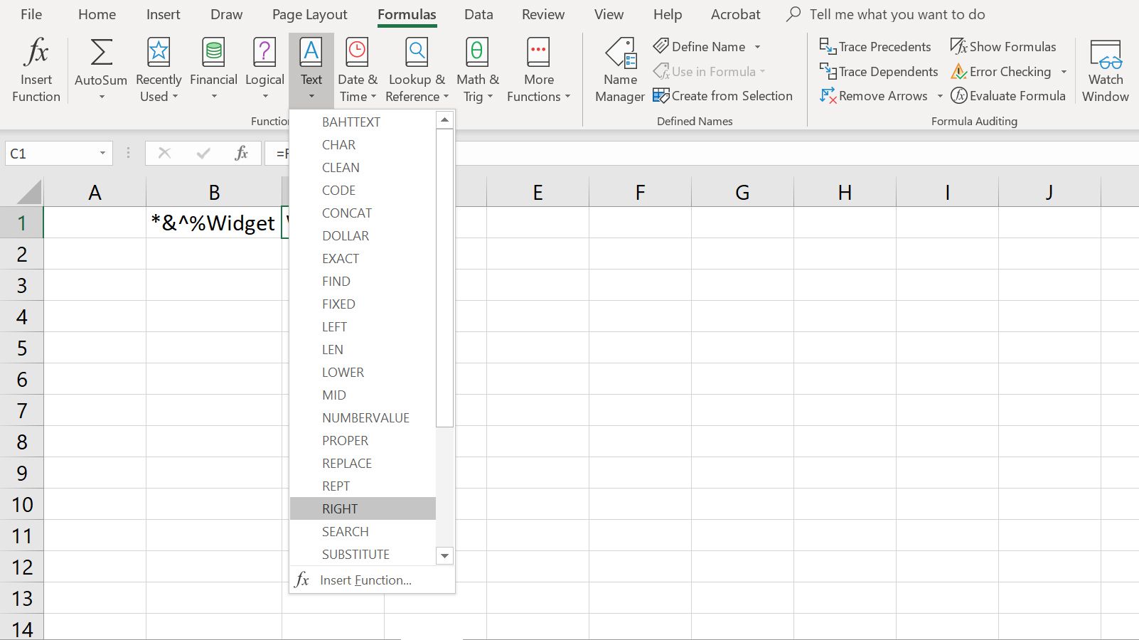 Excelin avattava tekstikaavavalikko, jossa OIKEA-toiminto on valittuna
