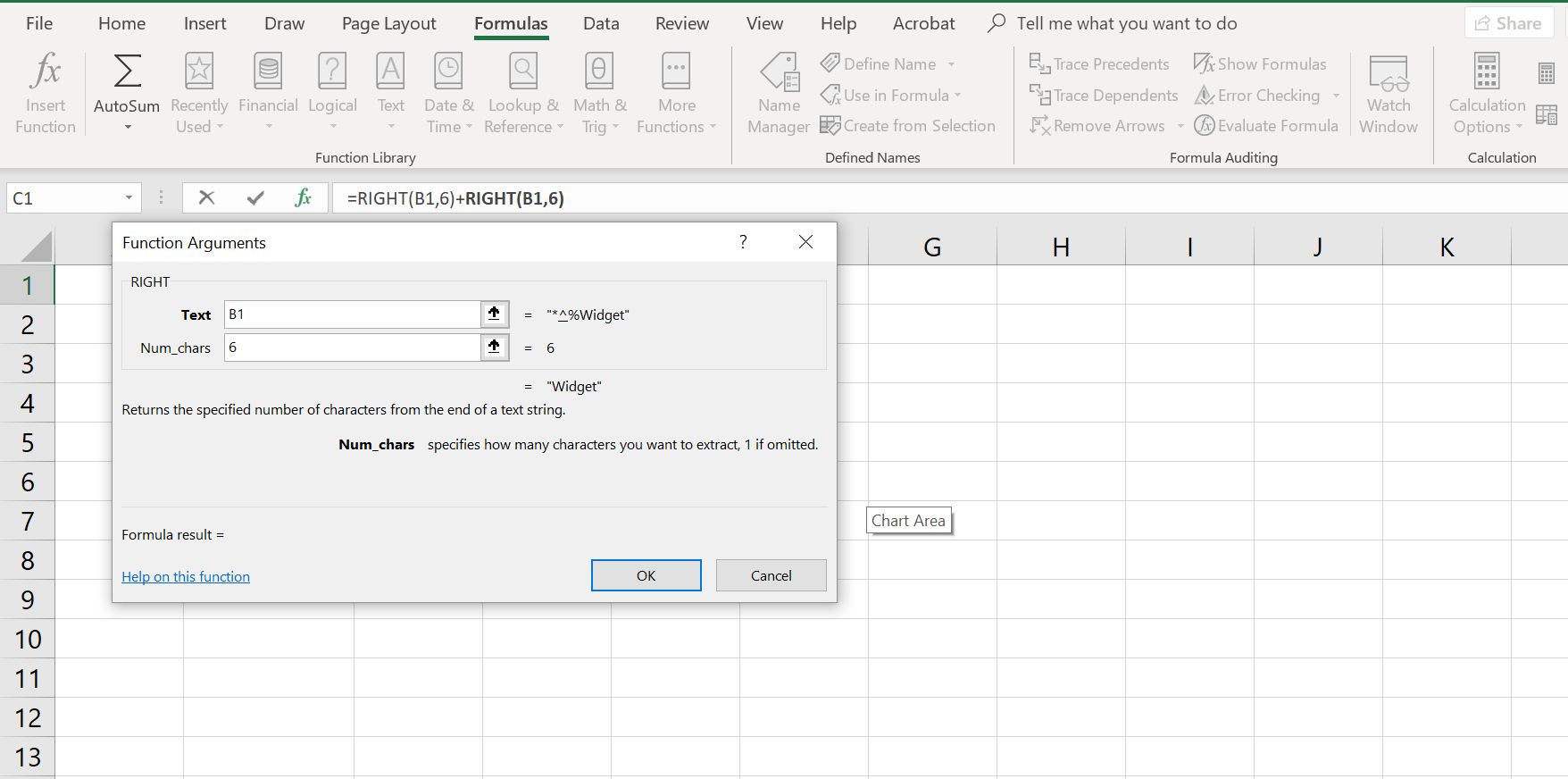 Excel-laskentataulukko, jossa on OIKEA funktiovalintaikkuna
