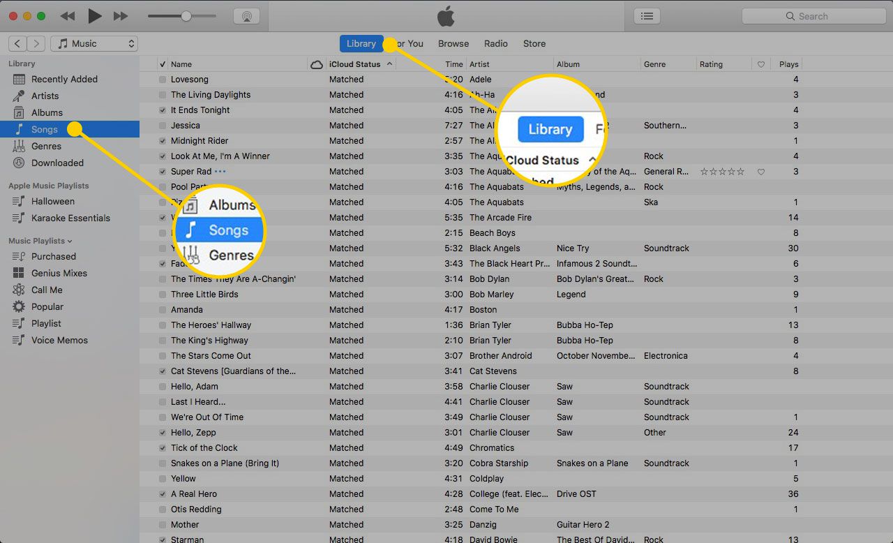 iTunes avautuu Macissa Kirjasto- ja Kappale-otsikot korostettuina