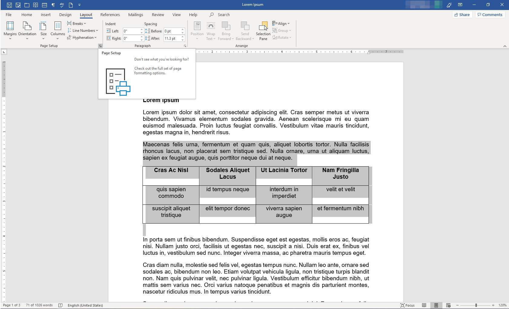 MS Word, jossa Sivun asetukset -valintaikkunan käynnistysohjelma on valittuna