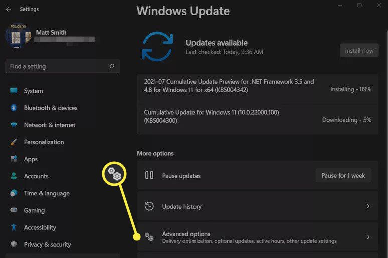 Lisäasetukset-kuvake Windows Update -valikossa.