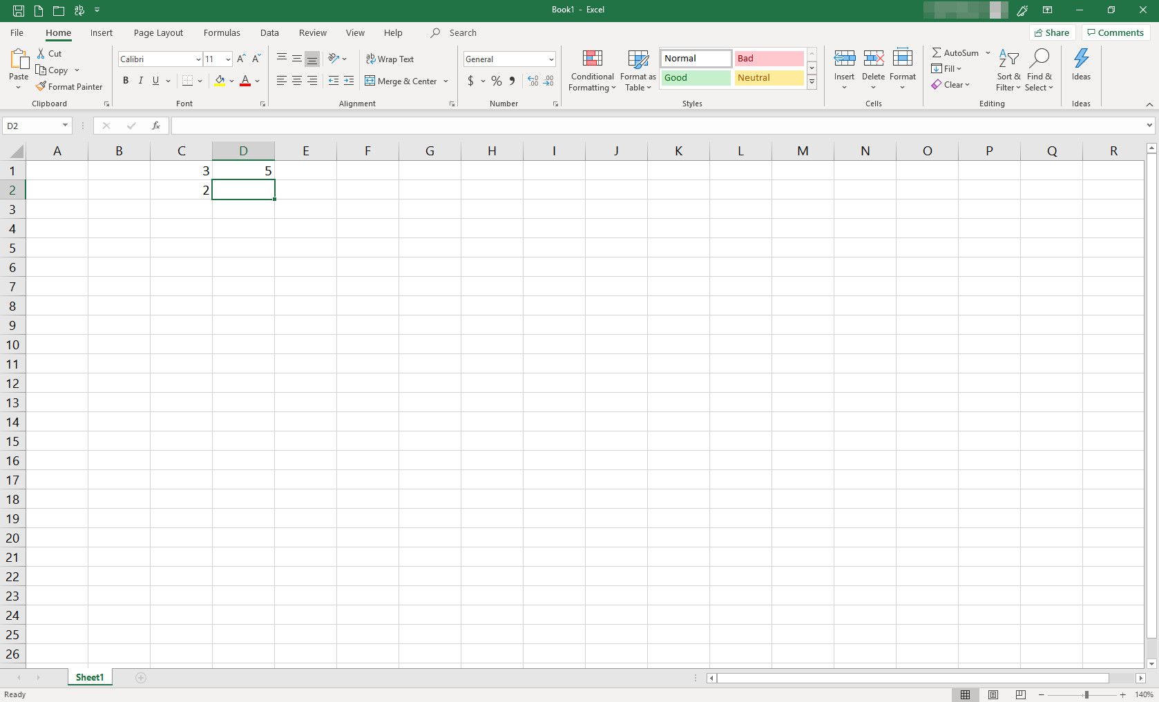 MS Excel -laskentataulukko, jossa on yksittäinen solu