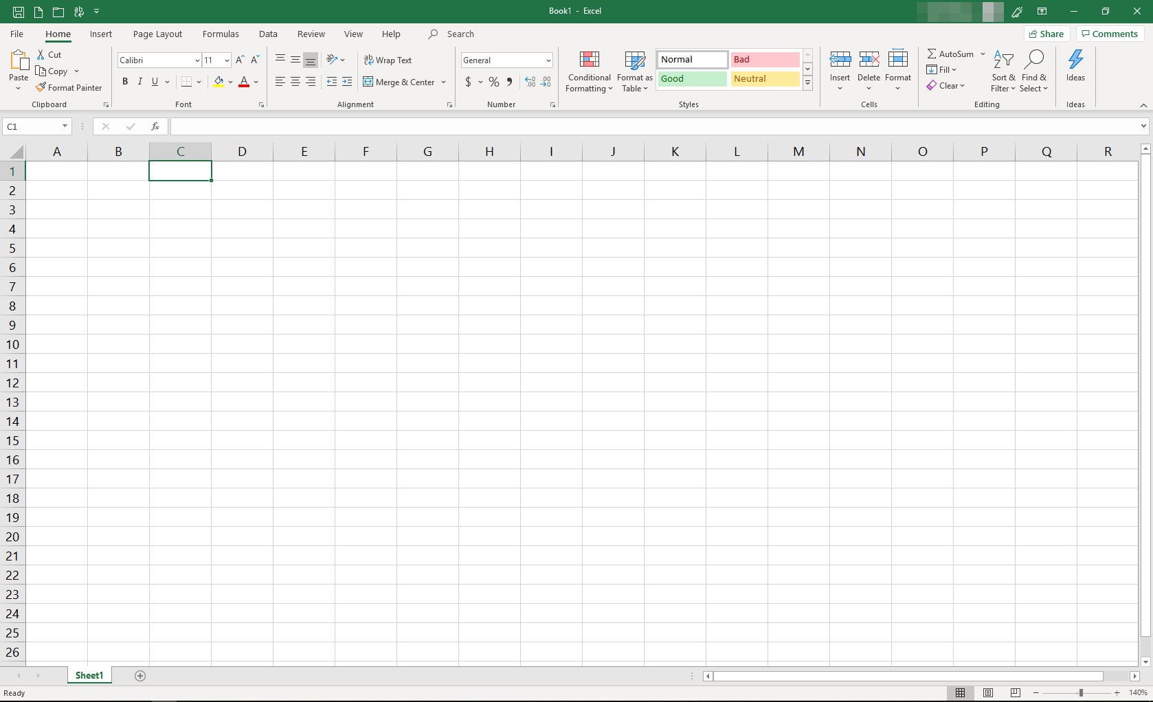 MS Excel -laskentataulukko, jossa on valittuna solu C1