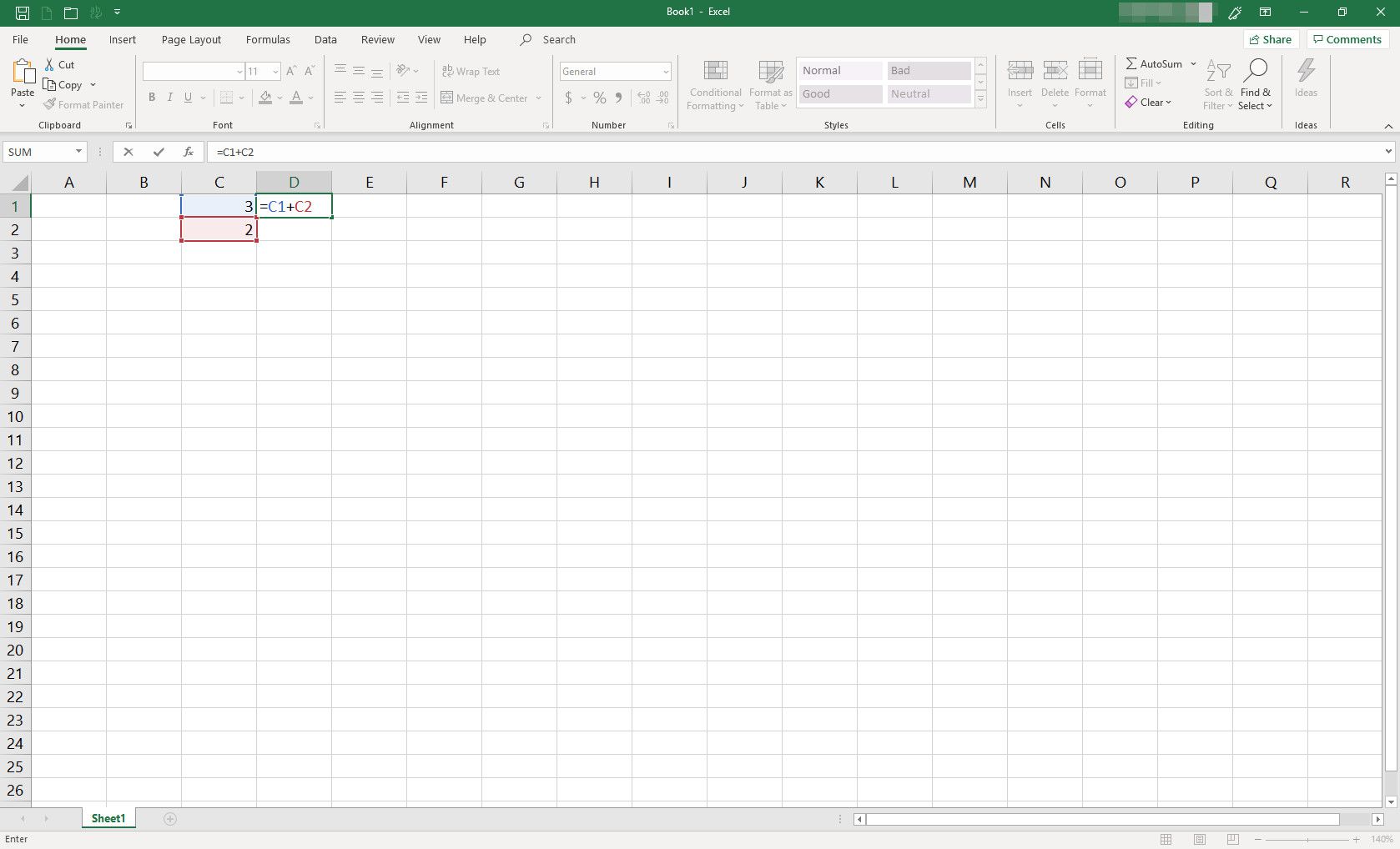 MS Excel -laskentataulukko, jossa on kaksi solua täytettynä datalla ja kolmanteen soluun kirjoitettu kaava