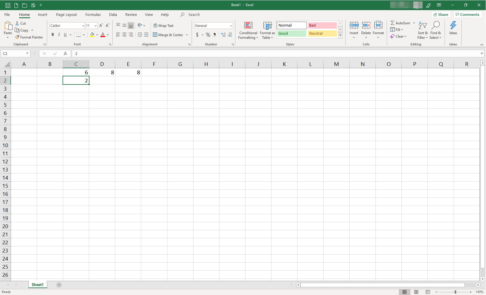 MS Excel -laskentataulukko, jossa on yksittäinen solu