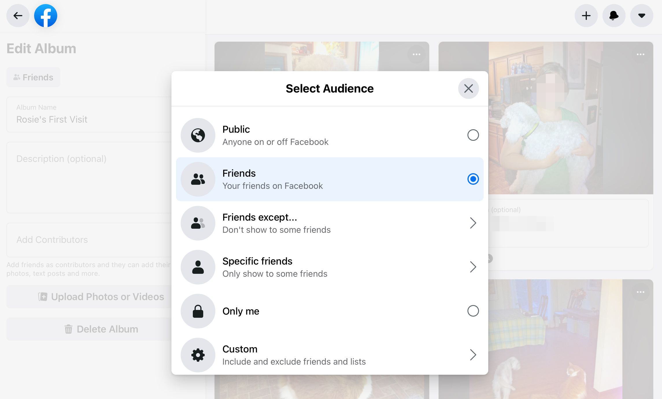 Facebook Edit Album -näyttö Select Audience -ponnahdusvalikosta