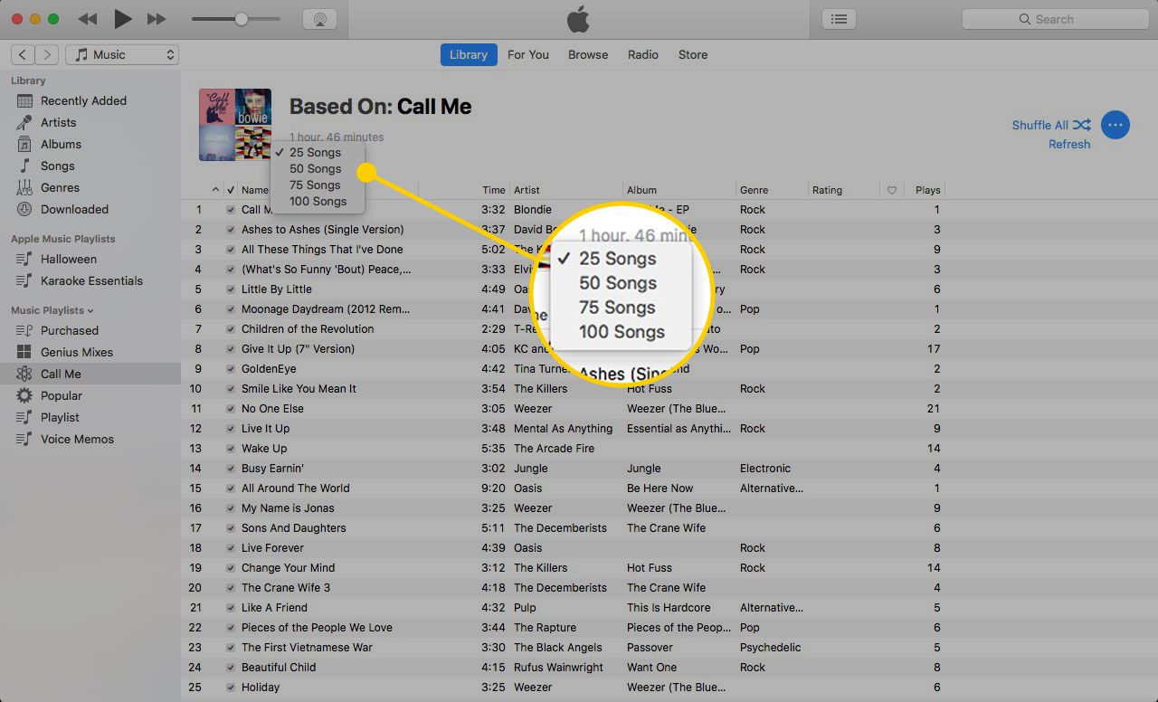 Valikko, joka näyttää Genius-soittolistan pituuden iTunesissa