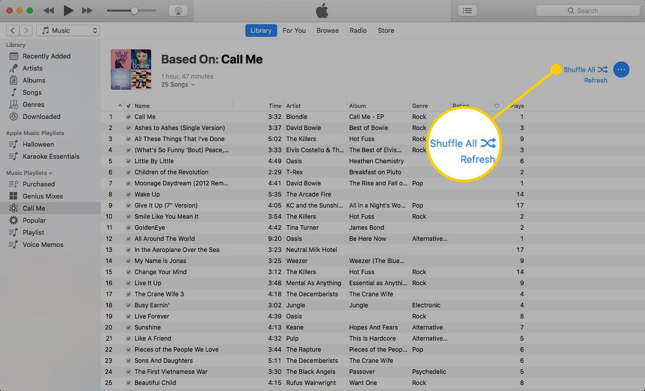 Sekoita kaikki -painike iTunes Genius -soittolistassa