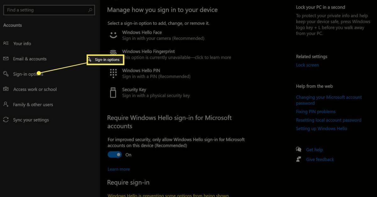  Windows 10:n kirjautumisasetusten valikko