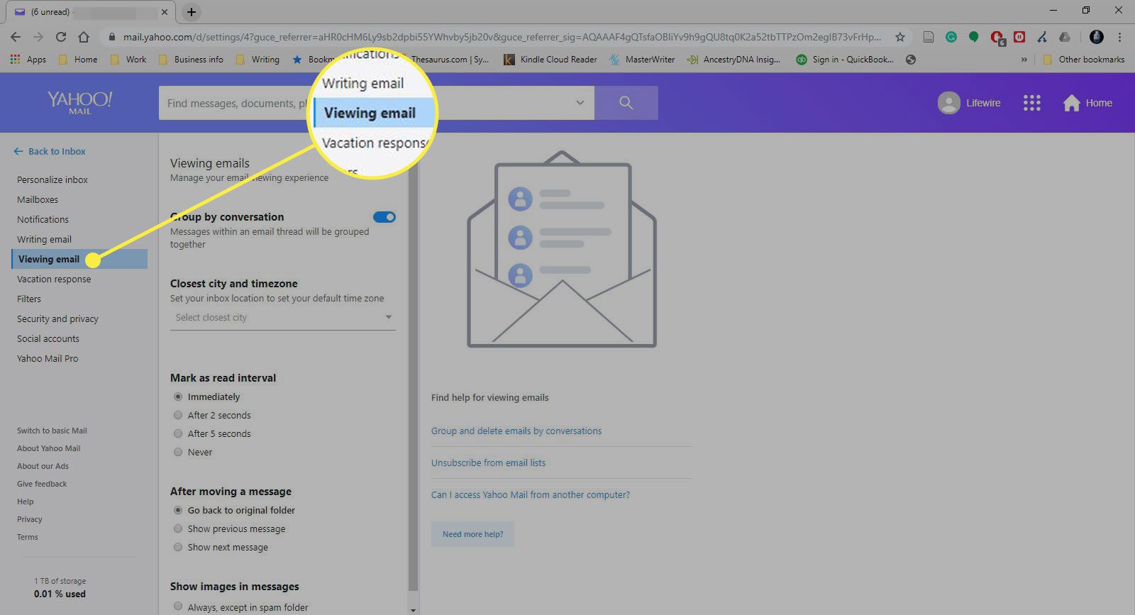 Yahoo Mail -asetukset ja Näytä sähköposti -otsikko korostettuna