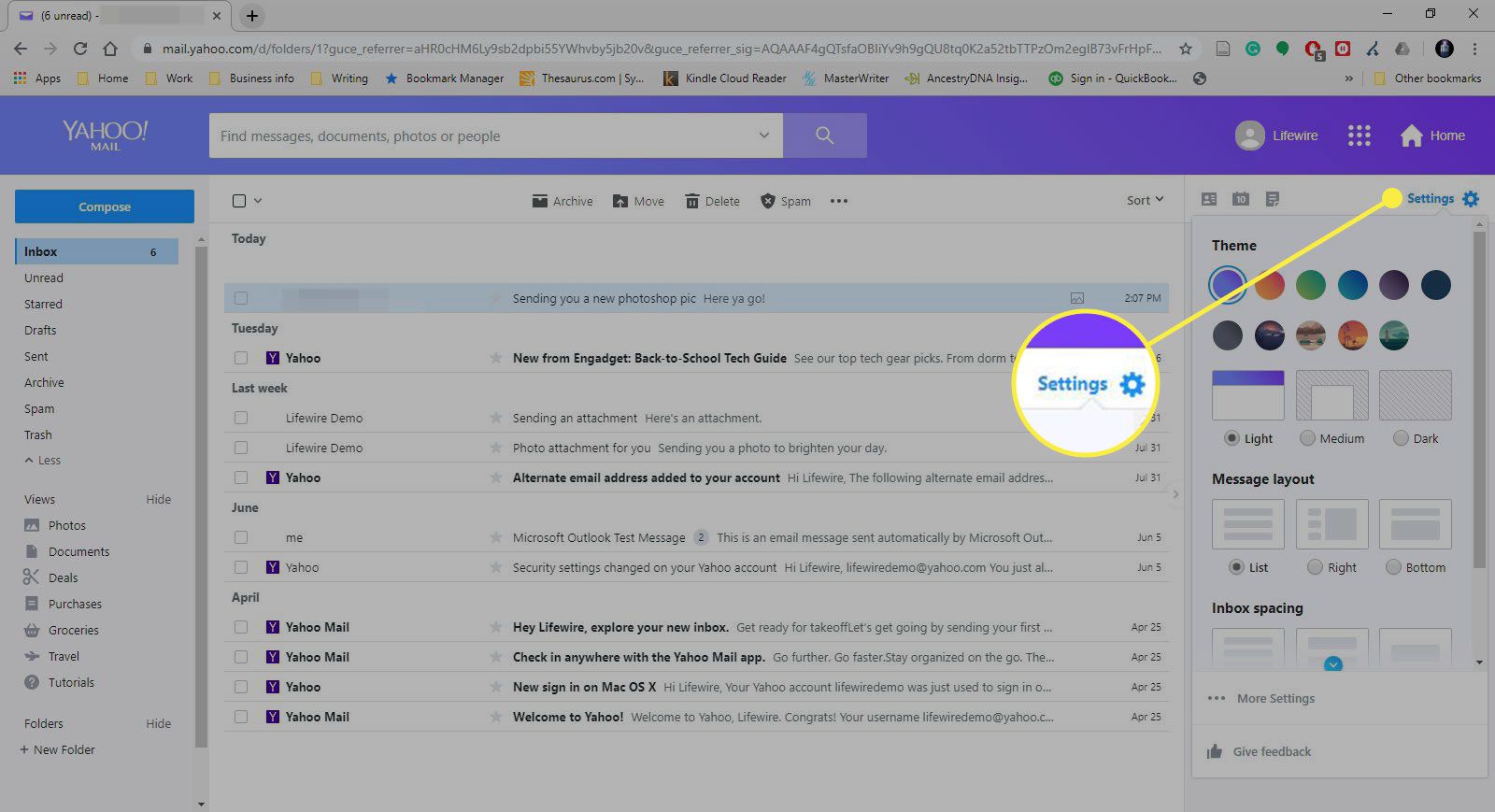 Yahoo Mail Asetukset-vaihtoehto korostettuna