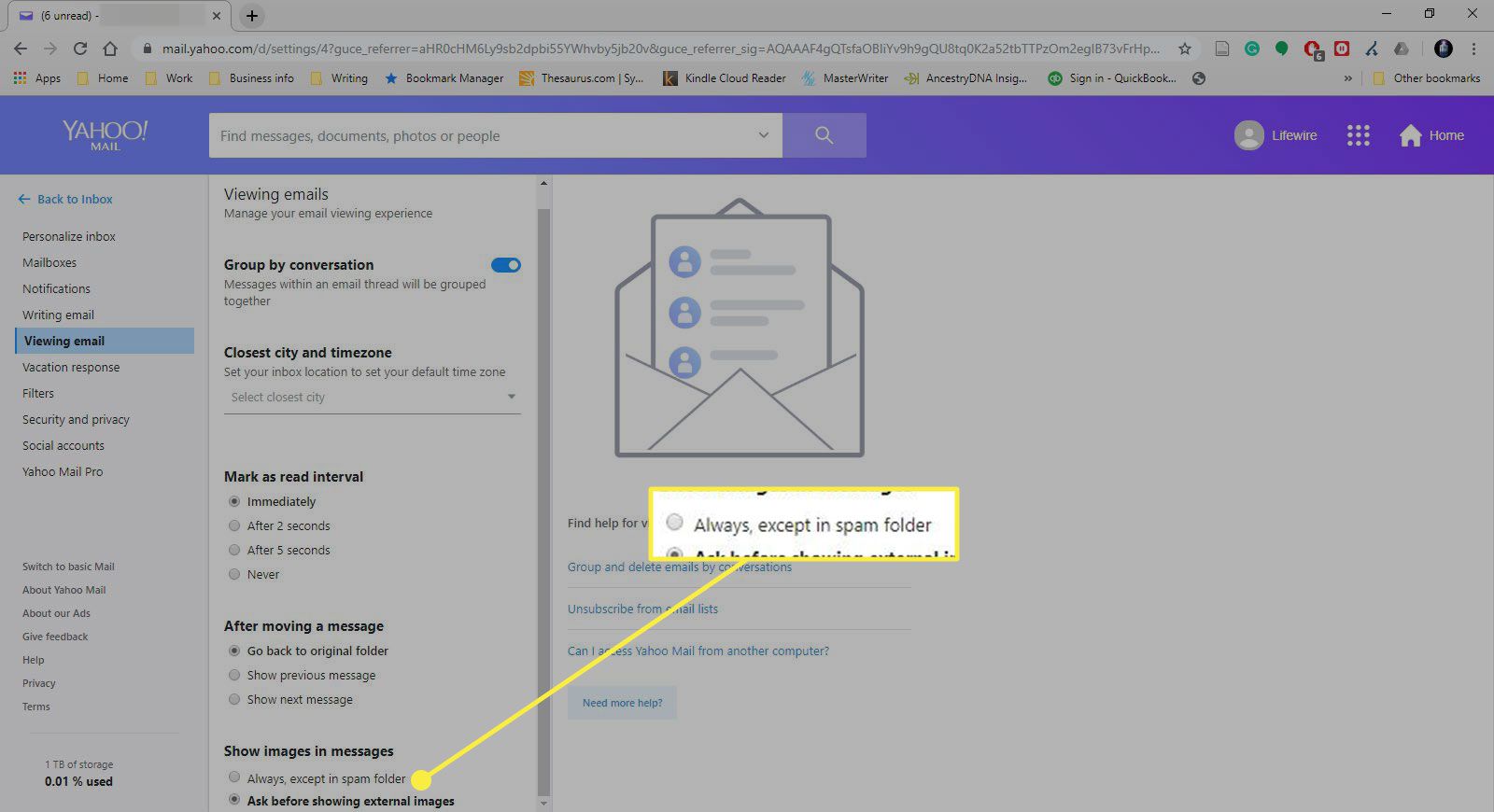 Yahoo Mail -asetukset, joissa "Aina paitsi roskapostikansiossa" on merkitty