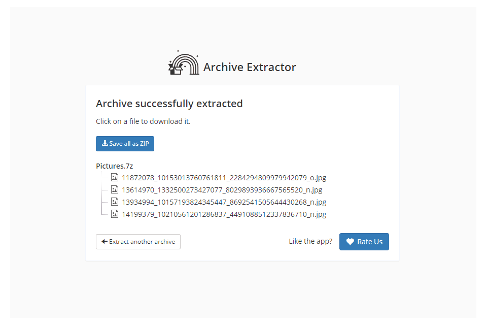 Extract.me-sivusto, jossa on 7Z-tiedosto avattu verkossa