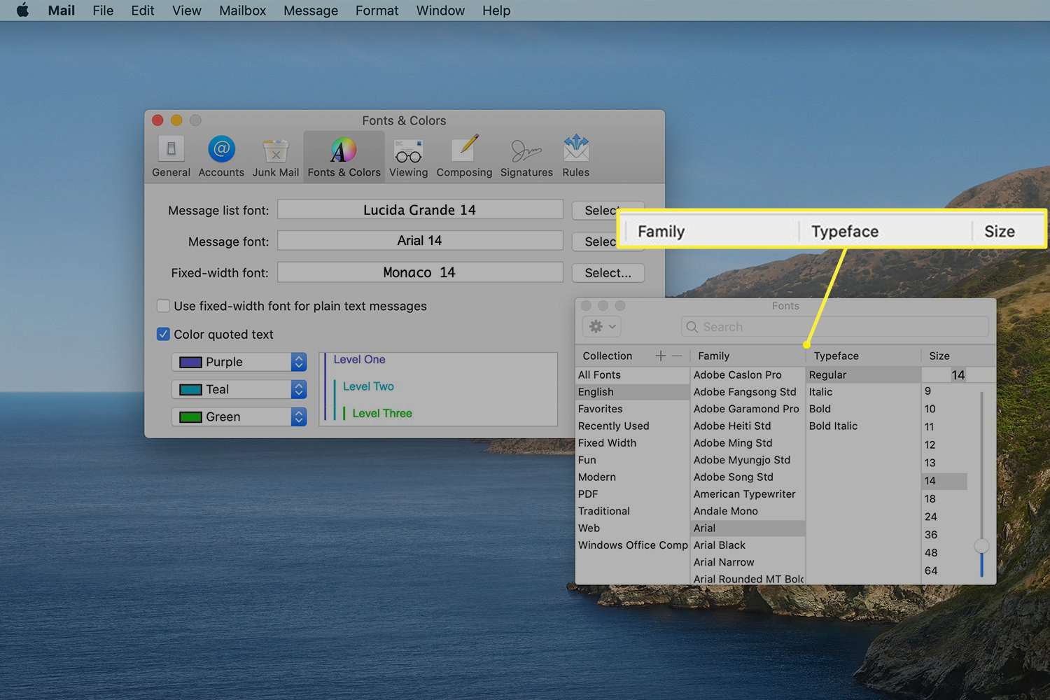 Fontit-näyttö Mac Mail -asetuksissa fonttivaihtoehdoilla