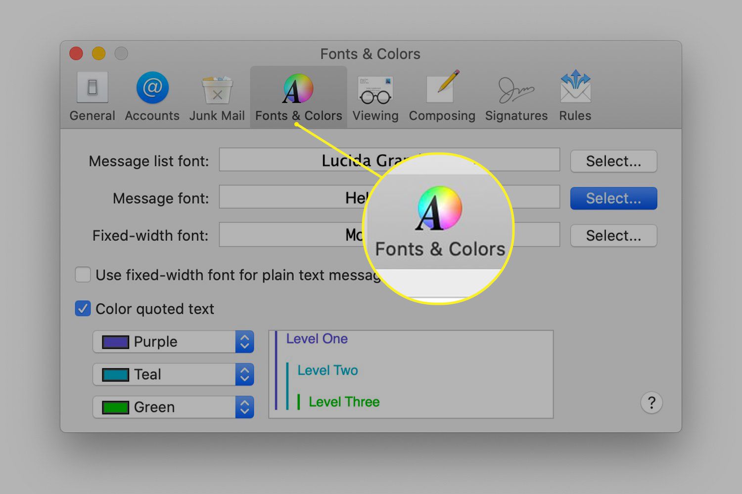 Fontit ja värit -välilehti Macin sähköpostiasetuksissa