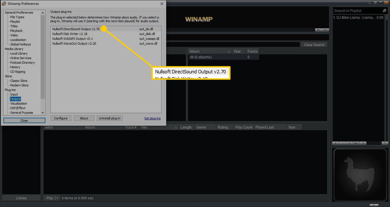 Nullsoft DirectSound -lähtö WinAmp-asetuksissa