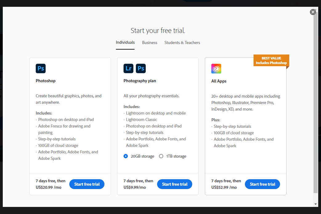 Adoben ilmaiset kokeiluvaihtoehdot, luettelo Photoshopista ja tilaus kaikille sovelluksille