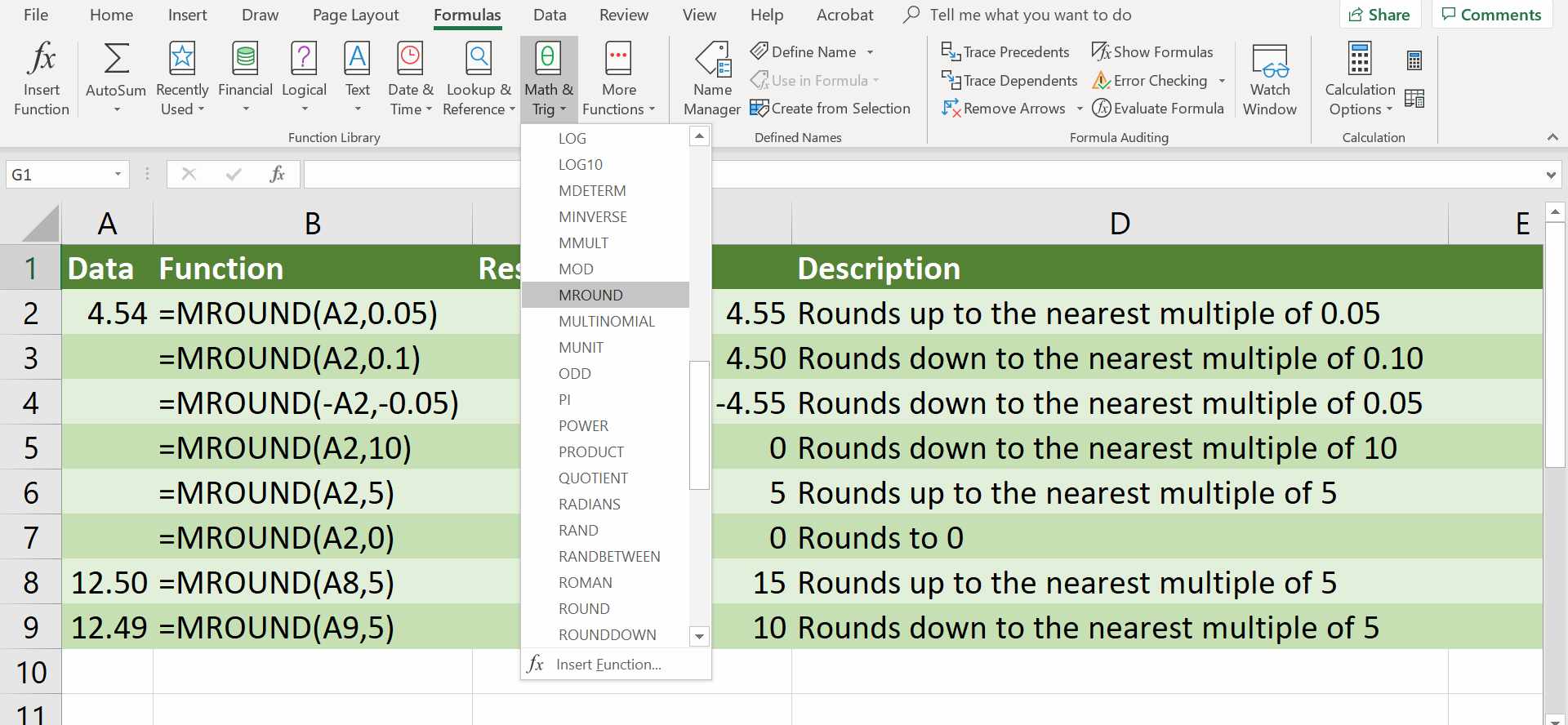 Kuvakaappaus Excelin avattavasta Math & Trig Formula -valikosta, jossa MROUND on valittuna.
