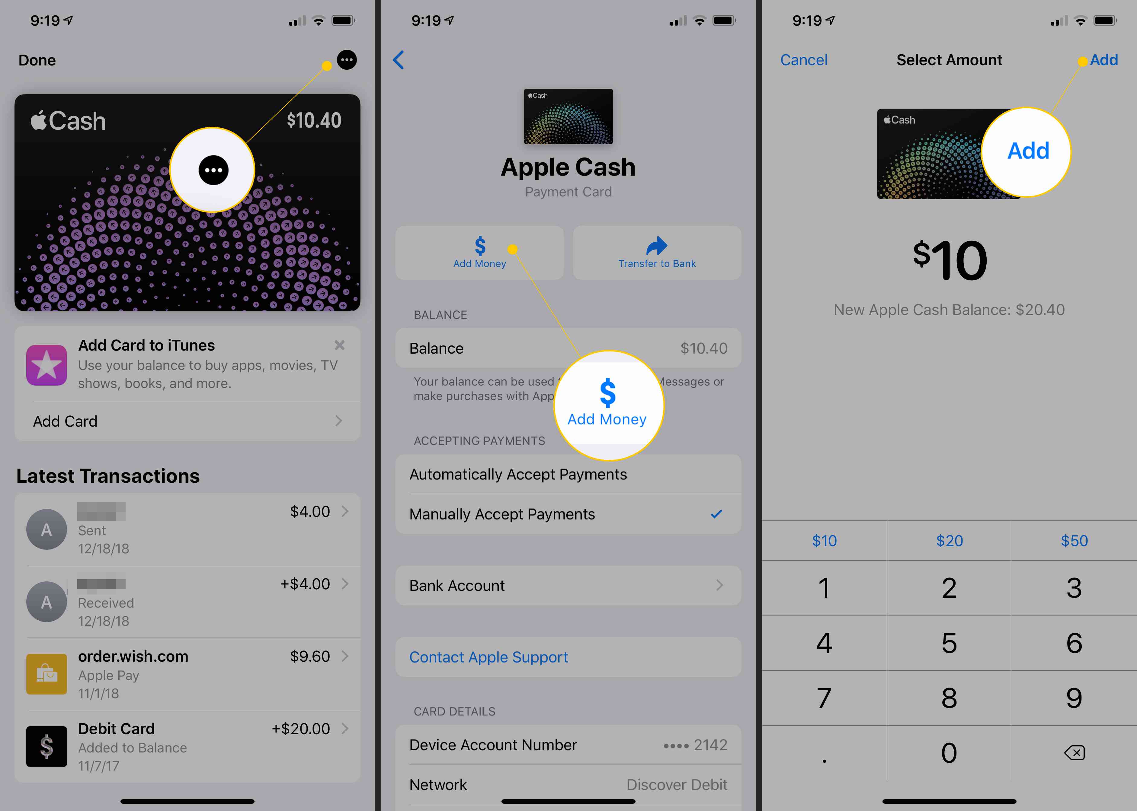 Kolmen pisteen valikko, Lisää rahaa -painike, Lisää -painike Apple Cashissa