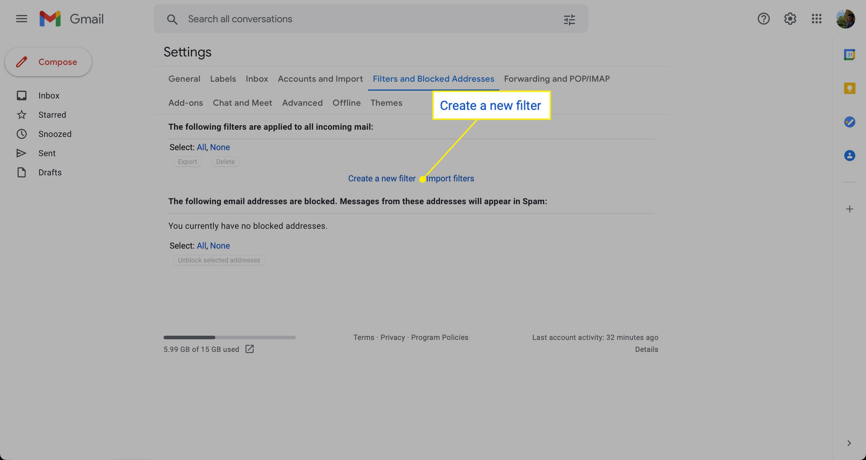 Gmailin asetusten Luo uusi suodatin -vaihtoehto
