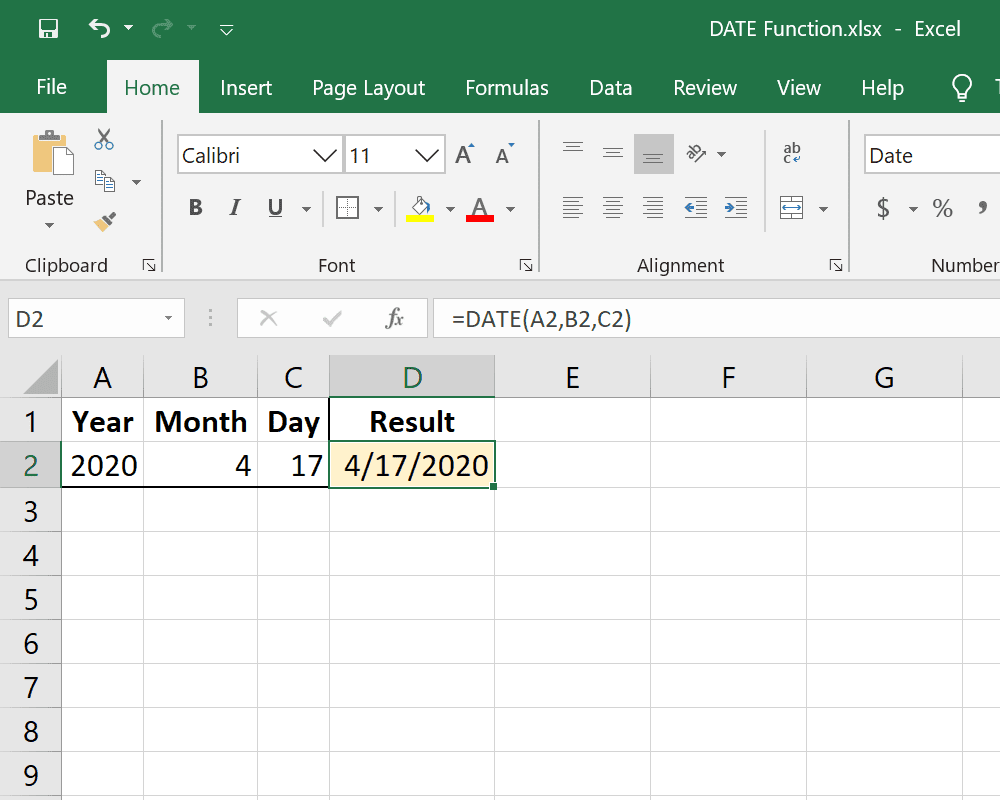 Excel DATE -funktioesimerkki