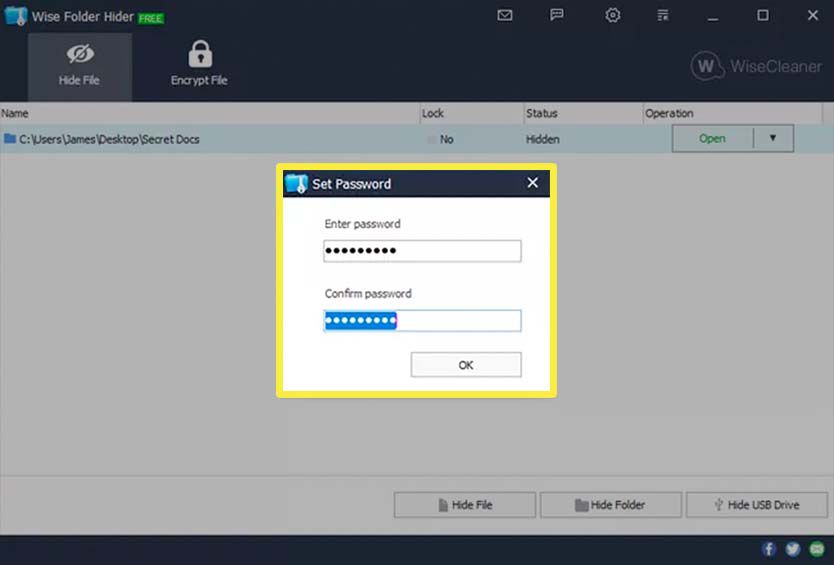 Wise Folder Hider asettaa salasanakehotteen.
