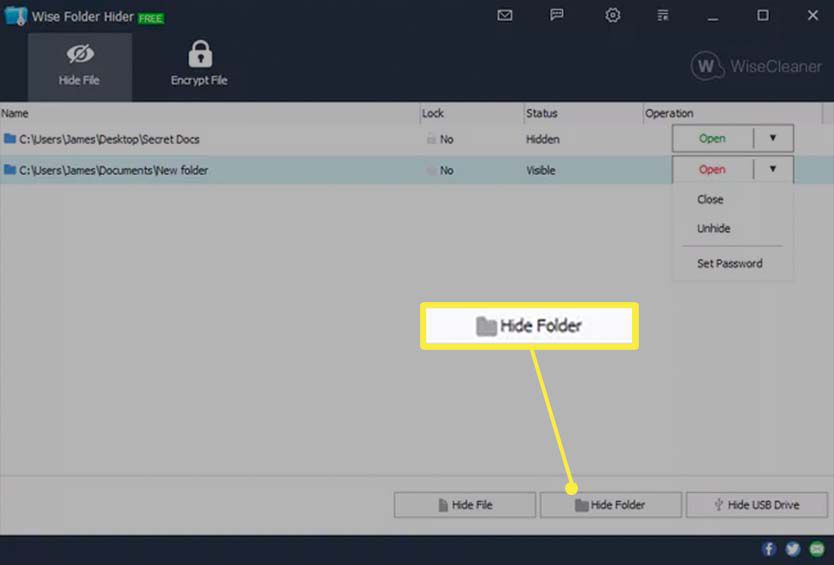 Wise Folder Hider avaus- ja sulkemisvaihtoehdot.