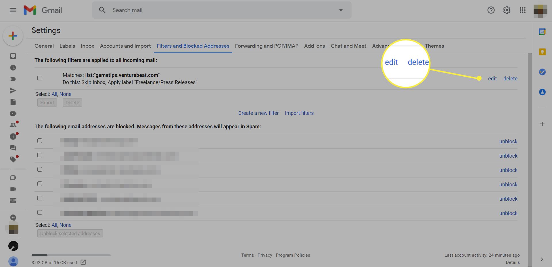 Gmailin suodattimet ja estetyt osoitteet -sivu, jossa on korostettuina muokkaus- ja poistosuodatinvaihtoehdot