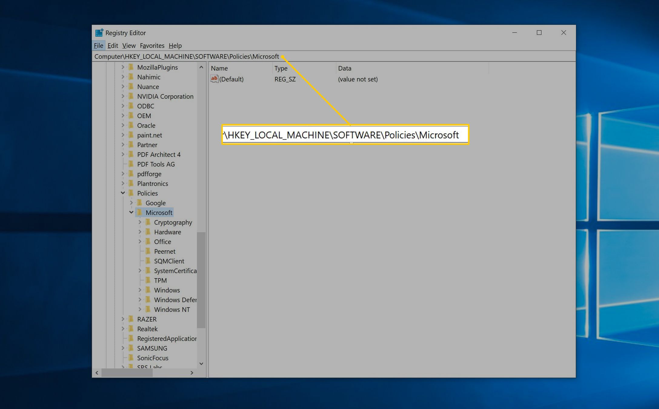 HKEY_LOCAL_MACHINESOFTWAREPoliciesMicrosoft Windowsin rekisterieditorissa