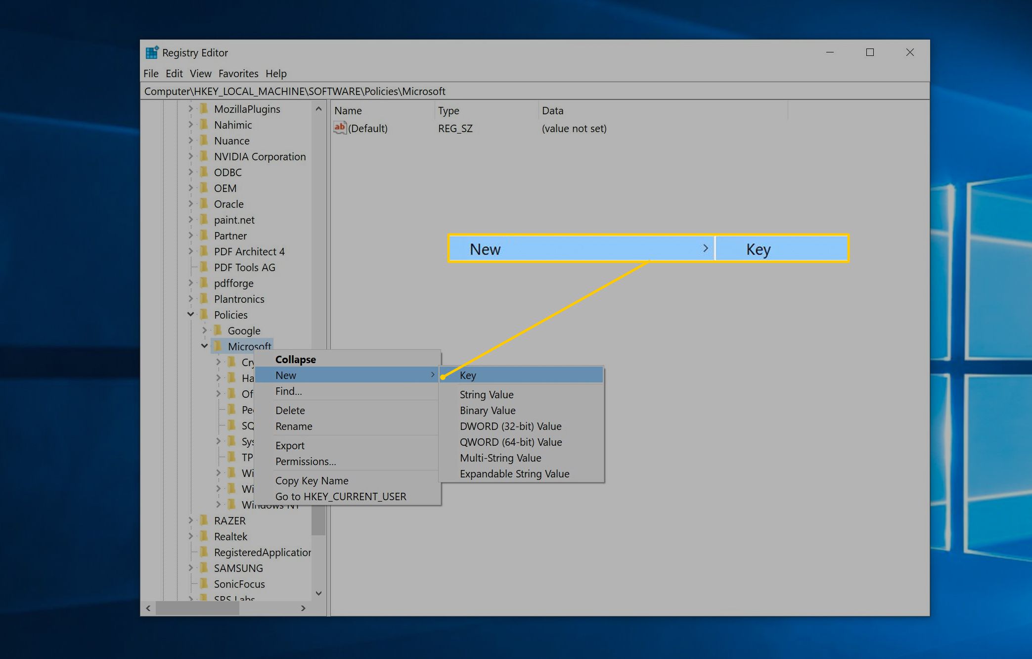 Uusi avain Windowsin rekisterieditorissa
