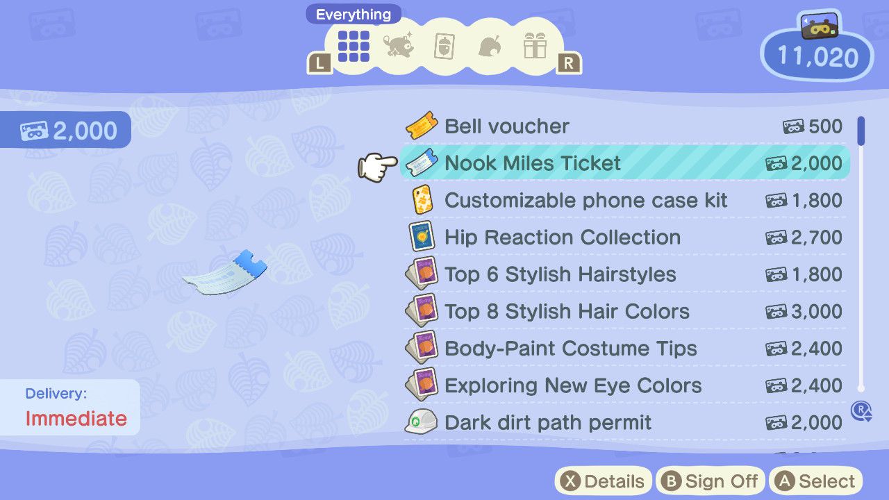 Animal Crossing -hahmo ostaa Nook Miles -lipun