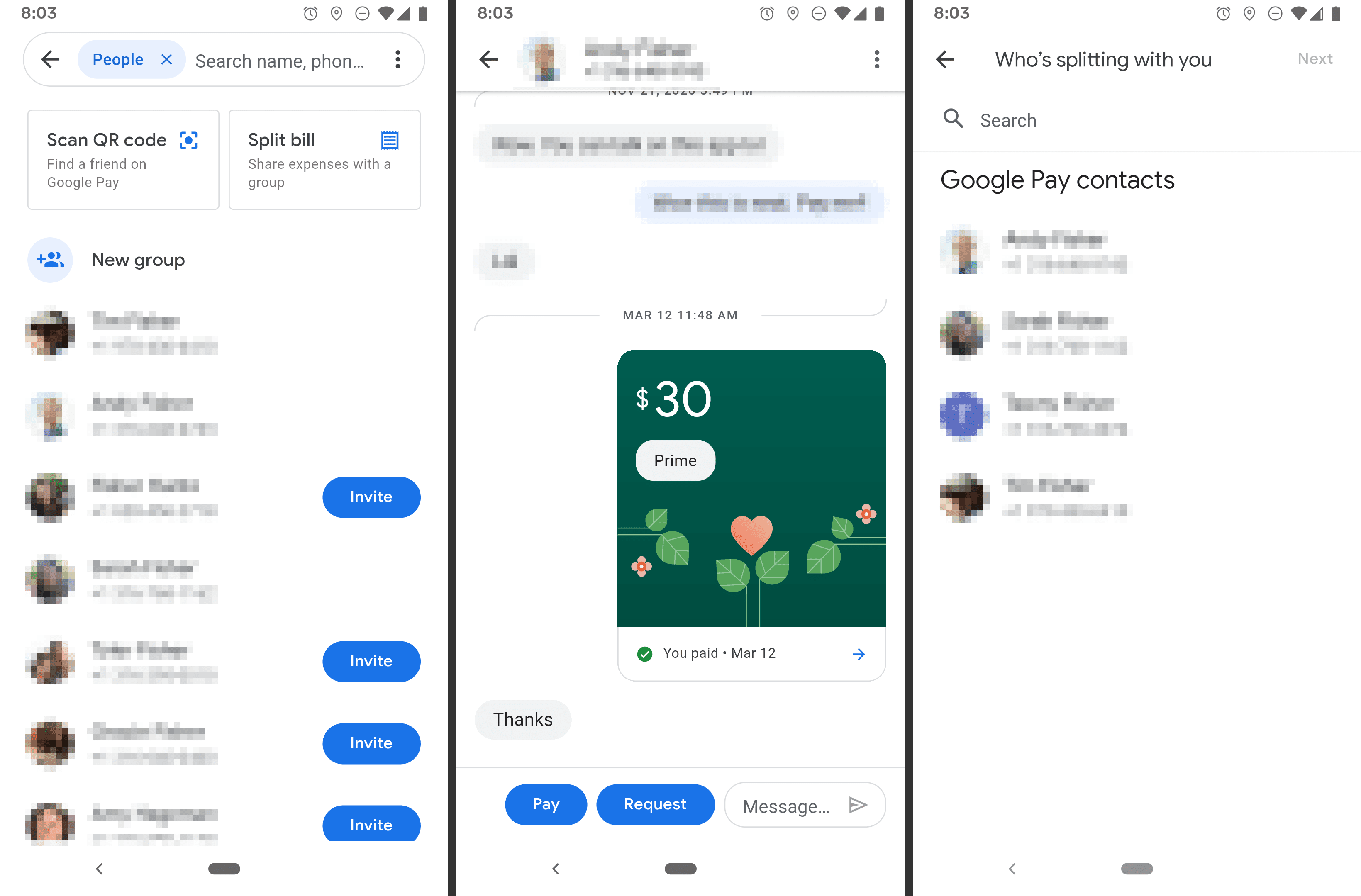 Google Pay luettelo yhteystiedoista ja maksutapahtumista 