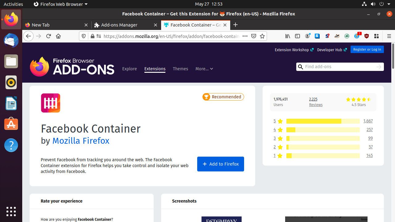 Firefox Facebook Container -lisäosasivu
