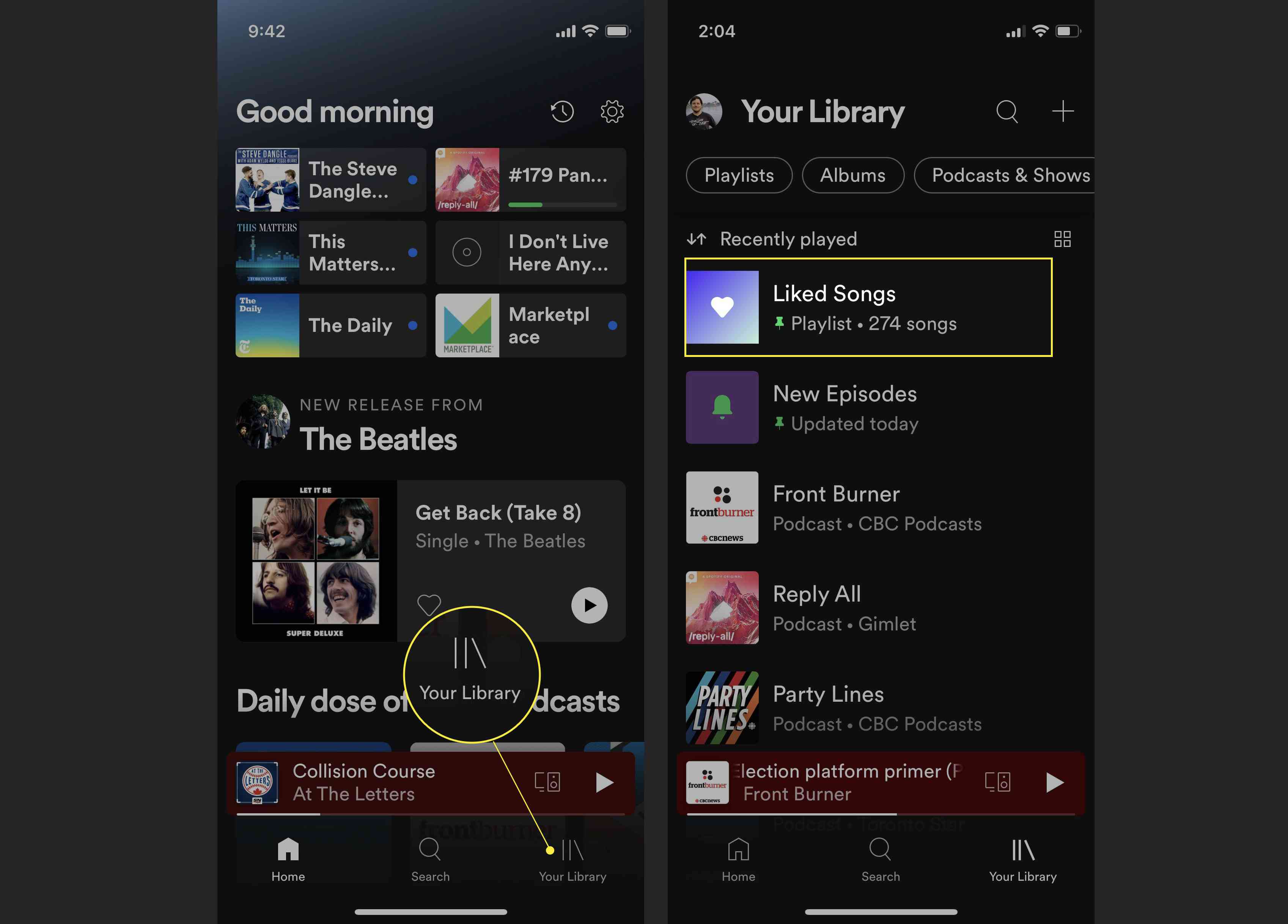 Spotify-sovellus, jossa kirjastosi ja suosikkikappaleesi korostettuina