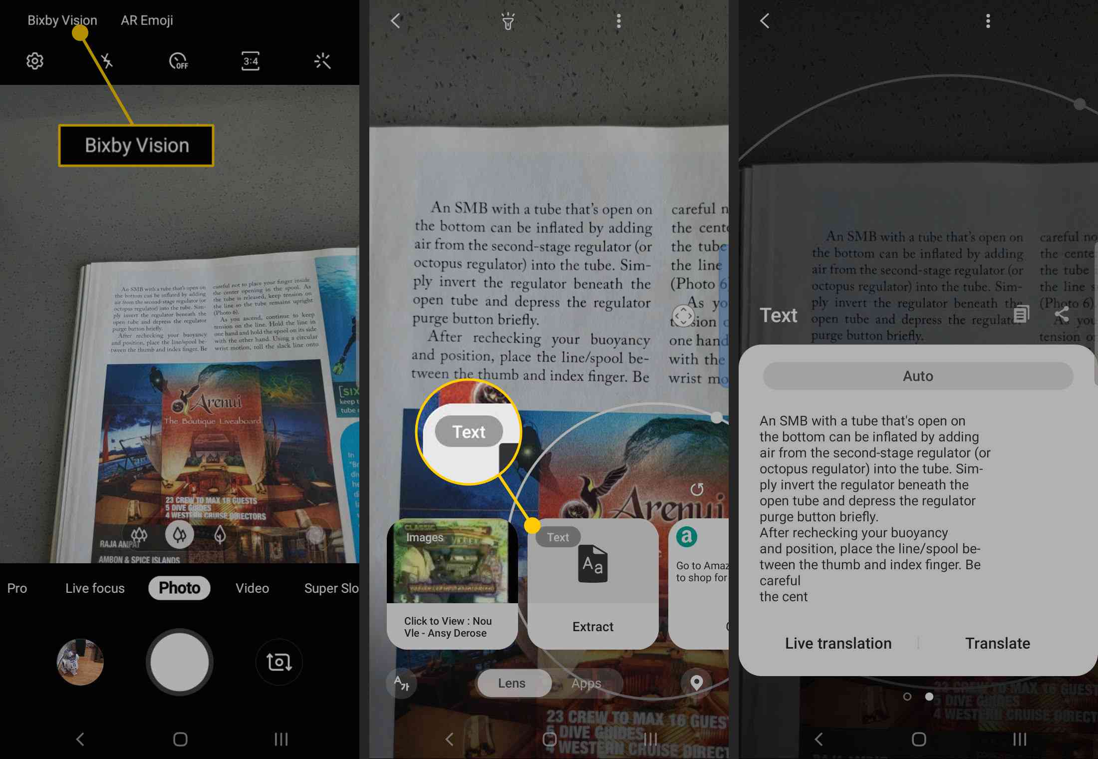 Bixby Vision -painike ja tekstikortti Androidissa