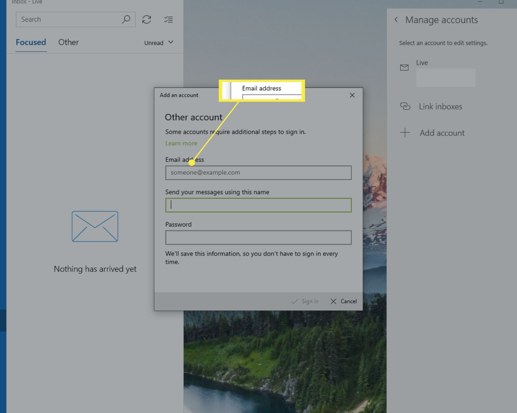 Sähköpostiosoitekenttä Windows 10 Mailissa Lisää tili -ikkuna. 