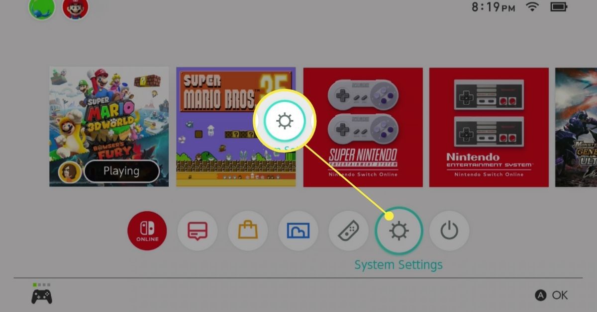 Järjestelmäasetusten valinta Nintendo Switchissä.
